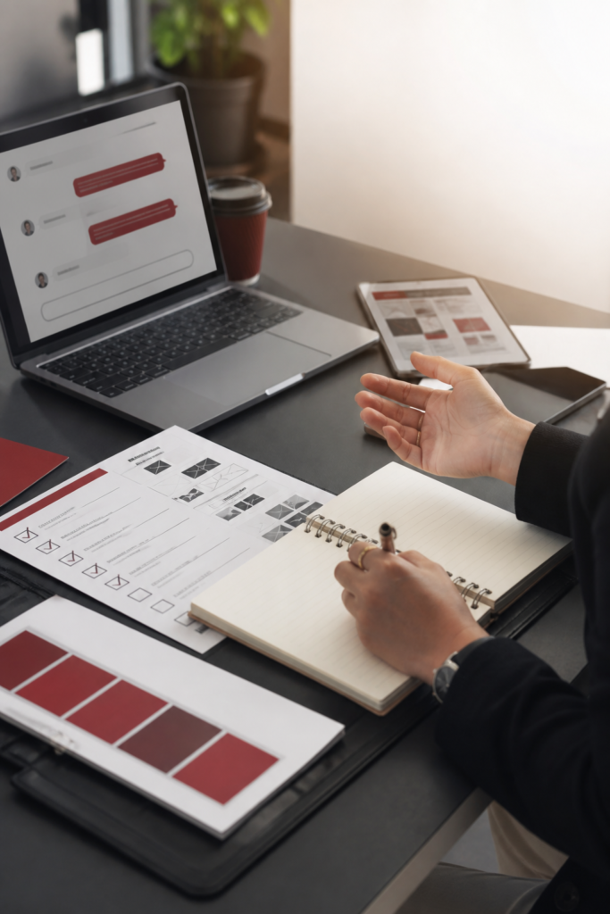 Consultant answering client questions at a modern workspace