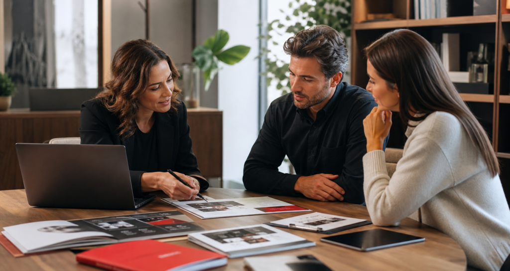 Consultants guiding a client through digital marketing, HR, resume, and publishing services